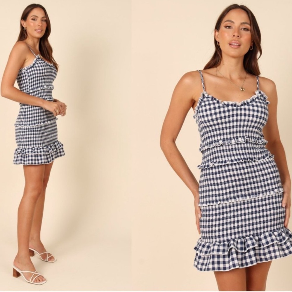 Petal & Pup X MABLE | NEW Ileena Shirred Frill Mini Dress in Ginham Navy Size S